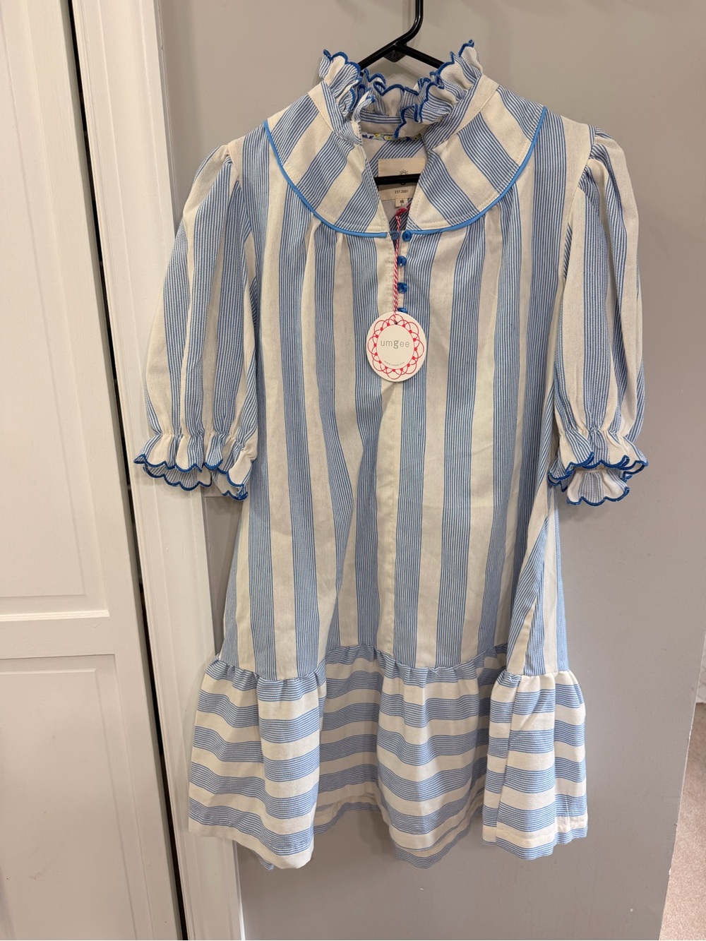 Umgee Blue & White Striped Ruffle Collar Tiered Dress
